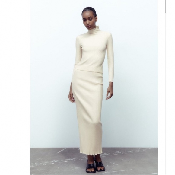 Zara Skirts Nwt Zara 2 Pieces Match Set Ribbed Tshirt Long Ribbed Skirt Ecru Poshmark